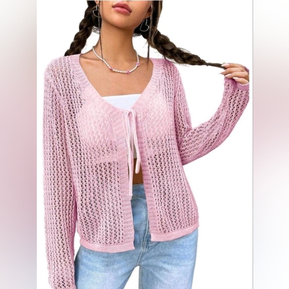 NWT! Fashion Womens Small pink crochet knit long sleeve sheer cardigan sweater